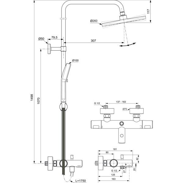 CERATHERM T25 Sprchový systém s vaňovou termostatickou batériou, výška 1498 mm, A8480AA