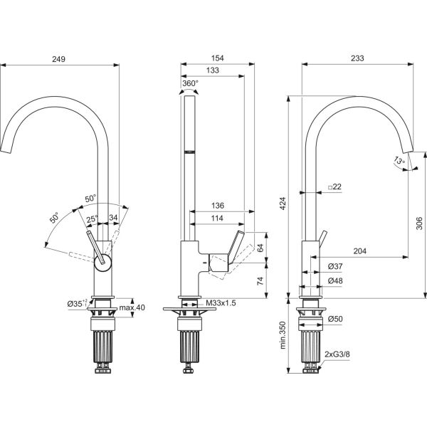 GUSTO Drezová batéria vysoká otočná, výtok hranatý  BD411J4