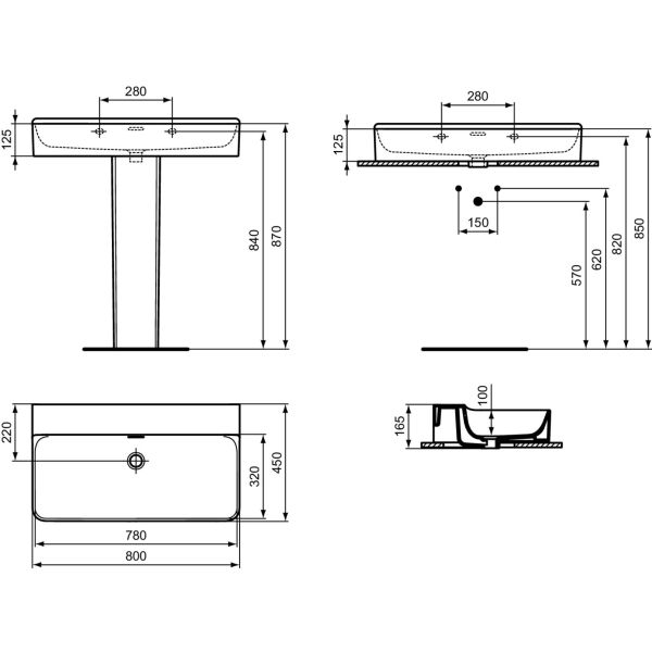 CONCA Umývadlo 80x45 cm, bez otvoru pre batériu, farba biela lesklá, s prepadovým otvorom, T379401