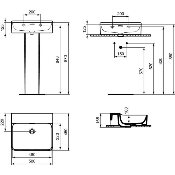 CONCA Umývadlo 50x45 cm, bez otvoru pre batériu, farba biela lesklá, s prepadovým otvorom, T378401