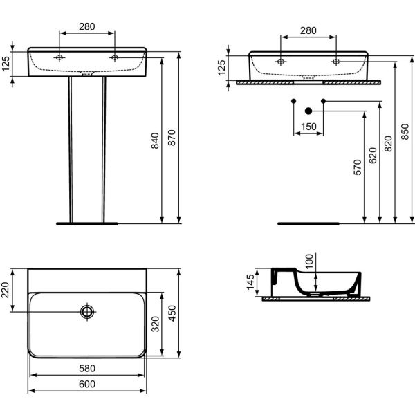 CONCA Umývadlo 60x45 cm, bez otvoru pre batériu, farba biela lesklá, bez prepadového otvoru, T3792MA