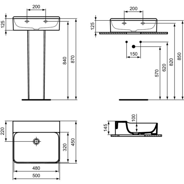 CONCA Umývadlo 50x45 cm, bez otvoru pre batériu, farba biela lesklá, bez prepadového otvoru, T3787MA