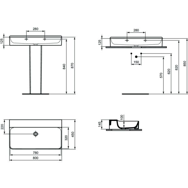 CONCA Umývadlo 80x45 cm, bez otvoru pre batériu, farba biela lesklá, bez prepadového otvoru, brúsená spodná hrana, T383101