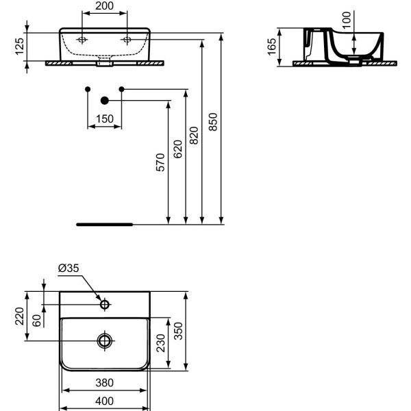 CONCA Umývadielko 40x35 cm, s otvorom pre batériu, farba biela lesklá, bez prepadového otvoru, T3874MA