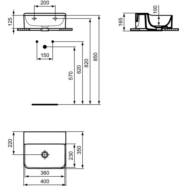 CONCA Umývadielko 40x35 cm, bez otvoru pre batériu, farba biela lesklá, bez prepadového otvoru, brúsená spodná hrana,T387901