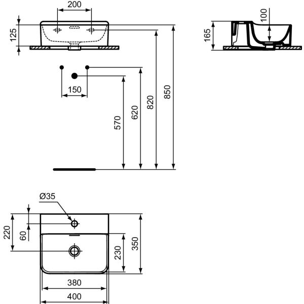 CONCA Umývadielko 40x35 cm, s otvorom pre batériu, farba biela lesklá, s prepadovým otvorom, T3695MA