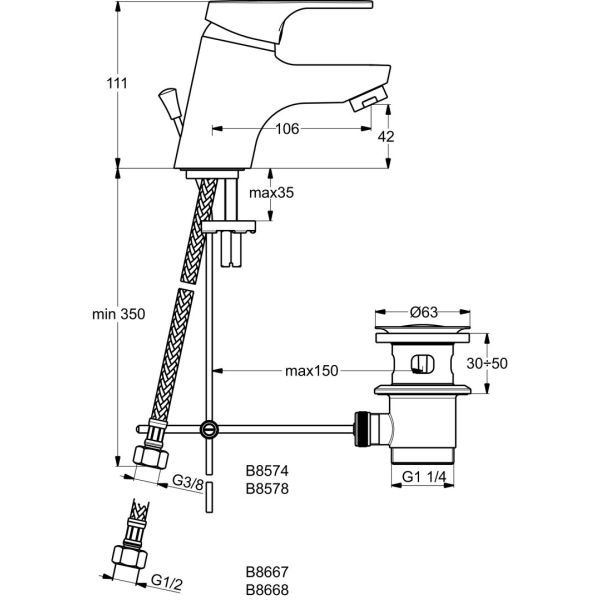 SLIMLINE II umývadlová batéria s odpadovou garnitúrou a s flexibilnými hadicami, B8578AA