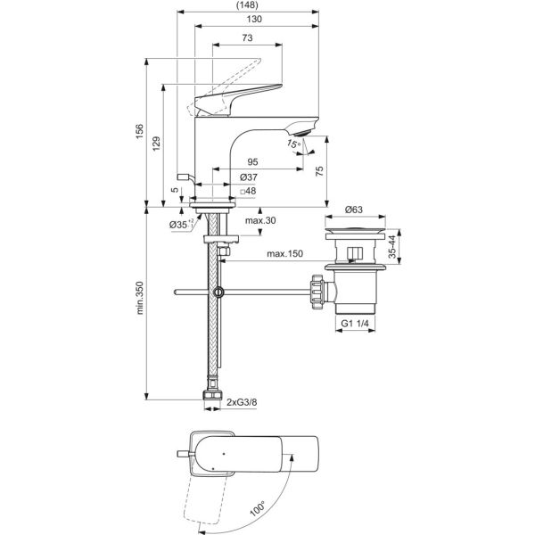 CeraLife C umývadlová batéria Bluestart s kovovou odpadovou garnitúrou a flexibilnými hadicami, 3,85L/min., BE041AA
