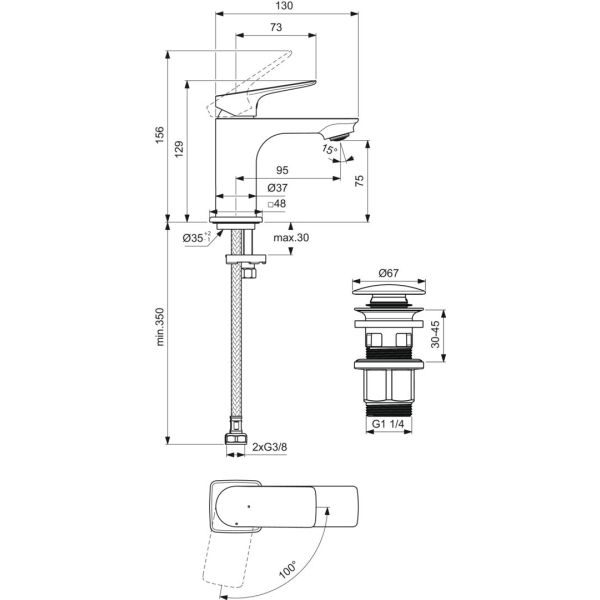 CeraLife C umývadlová batéria Bluestart s click-clack odpadovou garnitúrou a flexibilnými hadicami, 3,85L/min., BE042XG