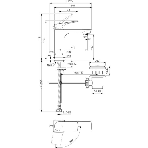CeraLife C umývadlová batéria Bluestart s plastovou odpadovou garnitúrou a flexibilnými hadicami, 3,85L/min., BE046AA