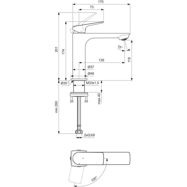 CeraLife C umývadlová batéria Bluestart bez odpadovej garnitúry a flexibilnými hadicami, 3,85L/min., BE122AA