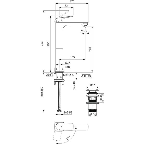 CeraLife C umývadlová batéria Bluestart s click-clack odpadovou garnitúrou a flexibilnými hadicami, 3,85L/min., BE051XG
