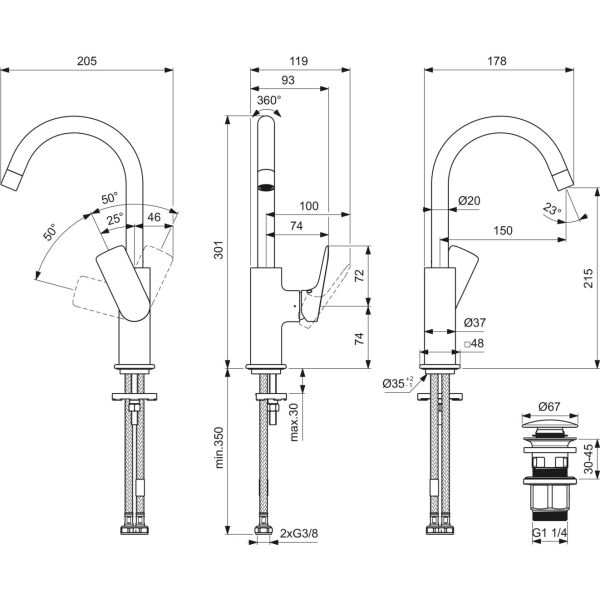 CeraLife C umývadlová batéria vysoká s otočným vývodom s click-clack odpadovou garnitúrou a flexibilnými hadicami, 3,85L/min., BE054AA