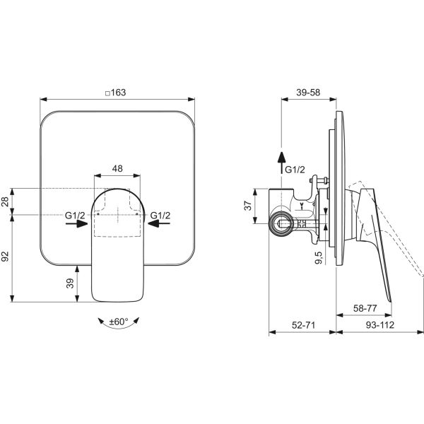 CERALIFE C  Sprchová nástenná podomietková zmiešavacia batéria diel2, vrátane podomietkového dielu 1, BE060XG