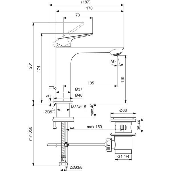 CeraLife O umývadlová batéria Bluestart s kovovou odpadovou garnitúrou a flexibilnými hadicami, 3,85L/min., BE120AA