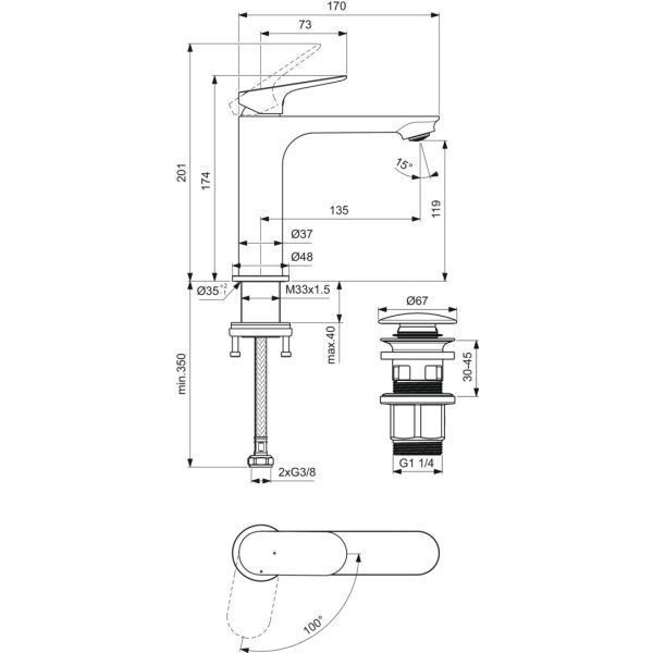 CeraLife O umývadlová batéria Bluestart s click-clack odpadovou garnitúrou a flexibilnými hadicami, 3,85L/min., BE100XG