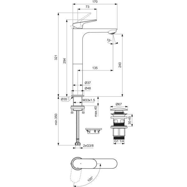 CeraLife O umývadlová batéria Bluestart s click-clack odpadovou garnitúrou a flexibilnými hadicami, 3,85L/min., BE013XG