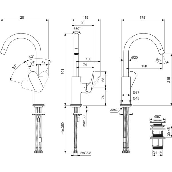 CeraLife O umývadlová batéria vysoká s otočným vývodom s click-clack odpadovou garnitúrou a flexibilnými hadicami, 3,85L/min., BE016AA