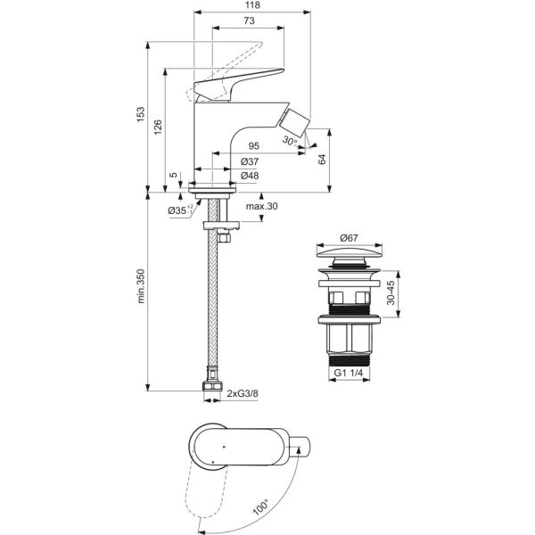 CERALIFE O  Bidetová batéria BlueStart s click-clack odpadovou garnitúrou, 3,85 L/min., BE021XG