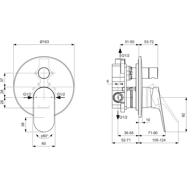 CERALIFE O  Vaňová nástenná podomietková zmiešavacia batéria diel2, vrátane podomietkového dielu 1, BE023XG