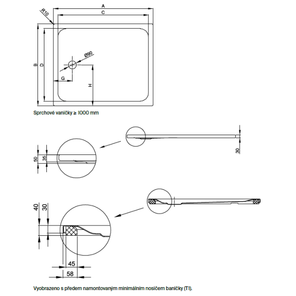 BetteUltra Space sprchová vanička z glazovanej titánovej ocele 1200x900x30 mm, Biela, 4027-000T1