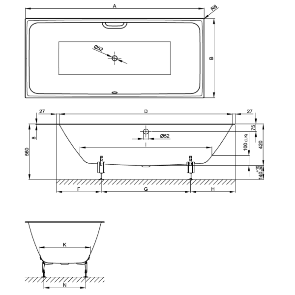 BetteLoft vaňa z glazovanej titánovej ocele 1800x800x420 mm, Biela, 3172-000