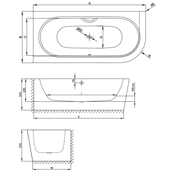 BetteStarlet IV Silhouette voľne stojaca vaňa k stene z glazovanej titánovej ocele 1850x850x575 mm, Biela, 6670-000CERVK