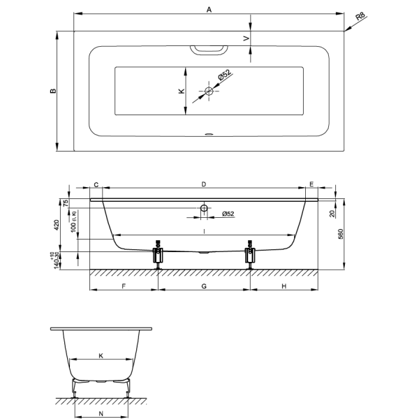 BetteOne vaňa z glazovanej titánovej ocele s povrchovou úpravou GlazePlus 1800x800x420 mm, Biela, 3313-000PLUS