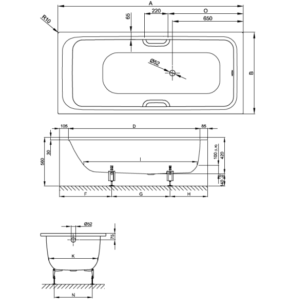 BetteSelect vaňa z glazovanej titánovej ocele 1700x750x420 mm, Biela, 3412-000