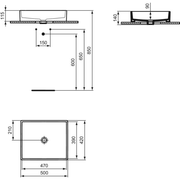 I.LIFE B Umývadlo na dosku 50x42 cm, bez otvoru pre batériu a bez prepadu, T573801