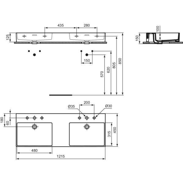 EXTRA Dvojumývadlo 121,5x45 cm, s 3 otvormi pre batériu, farba biela lesklá, s prepadovým otvorom, R055701