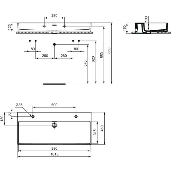 EXTRA Umývadlo 101,5x45 cm, s 2 otvormi pre batériu, farba biela lesklá, s prepadovým otvorom, R055401