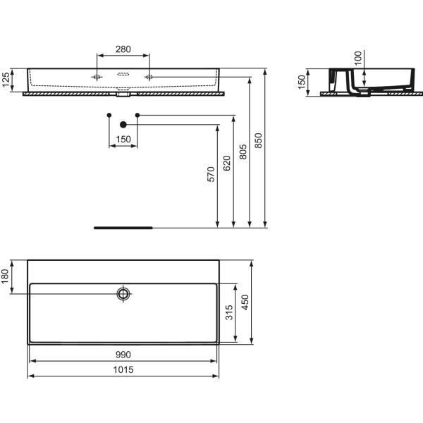 EXTRA Umývadlo 101,5x45 cm, bez otvoru pre batériu, farba biela lesklá, s prepadovým otvorom, R055601