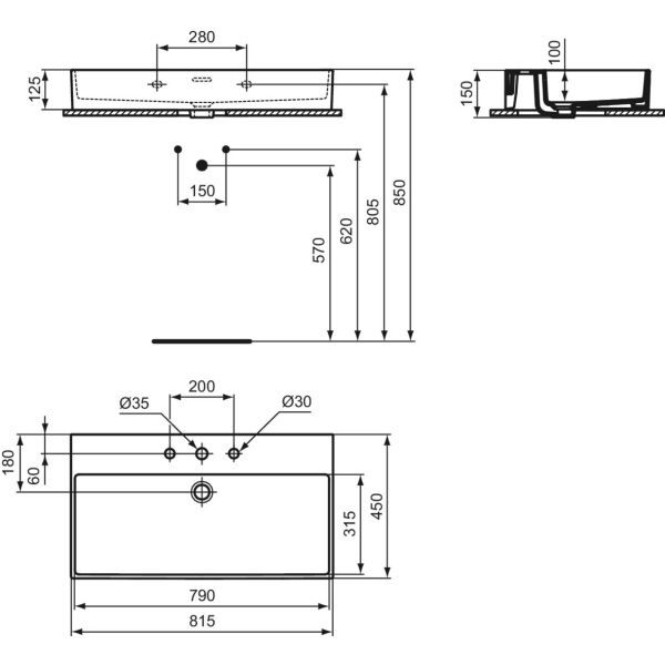EXTRA Umývadlo 81,5x45 cm, s 3 otvormi pre batériu, farba biela lesklá, s prepadovým otvorom, R054801