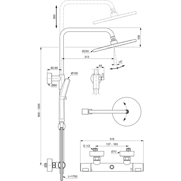 CERATHERM T25 Sprchový systém s termostatickou batériou, s nastaviteľnou výškou, A8495AA
