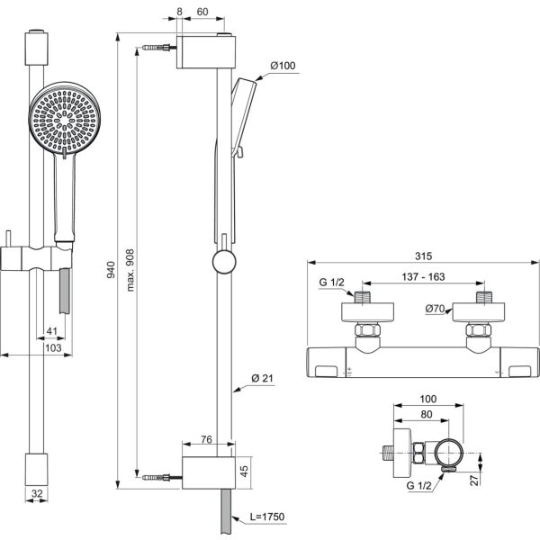 CERATHERM T25 Sprchová nástenná termostatická batéria, so sprchovou kombináciou tyč 90 cm, A8518AA