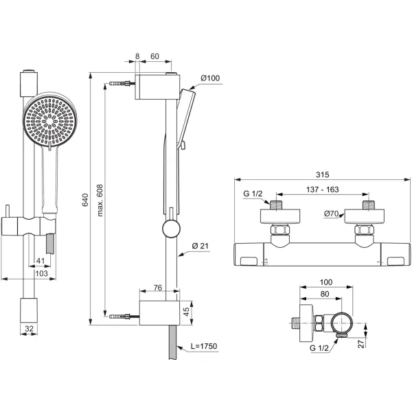 CERATHERM T25 Sprchová nástenná termostatická batéria, so sprchovou kombináciou tyč 60 cm, A8528AA