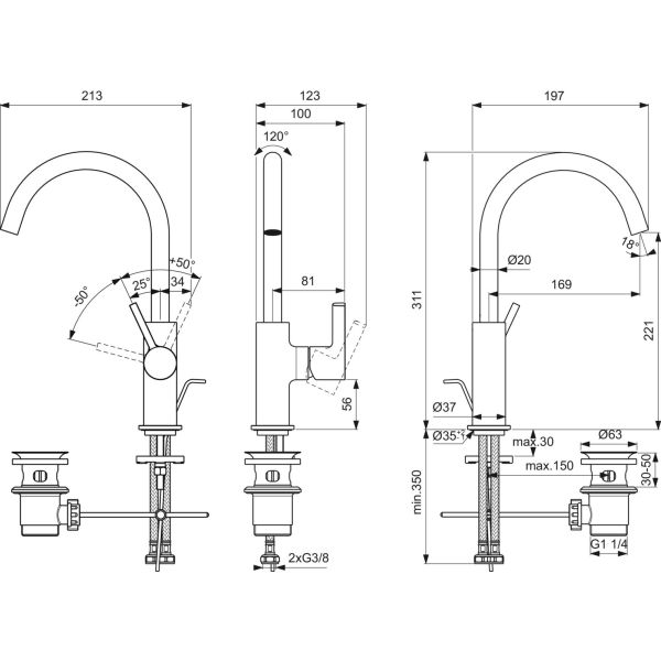 JOY Umývadlová batéria s vysokým otočným vývodom, s odpadovou garnitúrou a flexibilnými hadicami, BC777A2