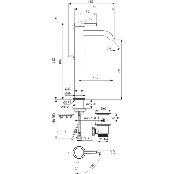 CERALINE NUOVO Umývadlová batéria vysoká  H240 Blue Start, s odpadovou garnitúrou, BD763AA