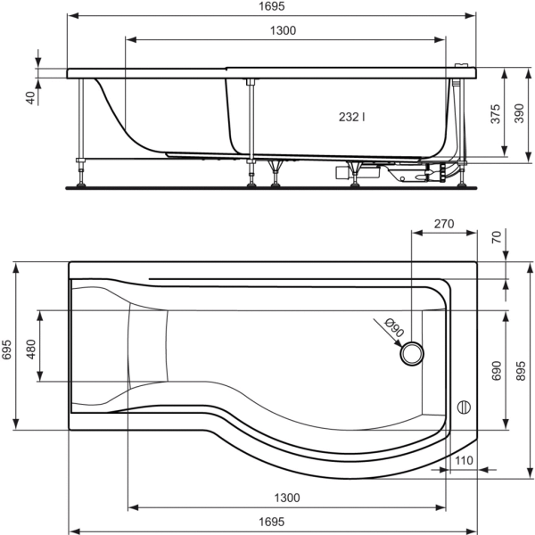 Connect vaňa akrylátová asymetrická+nohy Ľavá  170x90/70cm, čelný a bočný panel Ľavý 170 cm,  E020501,E025401