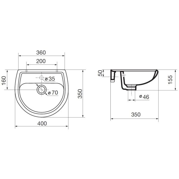 EUROVIT Umývadielko  40x35 cm bez otvoru pre batériu, V011301