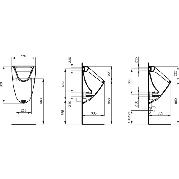 EUROVIT | GOLF  Pisoár kapotovaný,  elektronické splachovanie 6VDC, V5538VBS9.2