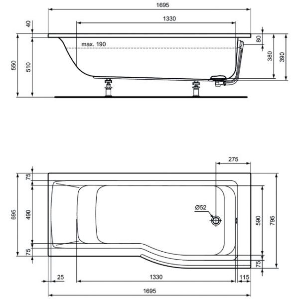 Connect Air vaňa akrylátová asymetrická Pravá 170x80/70cm, E113501