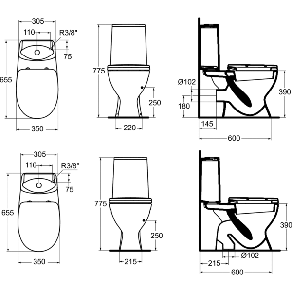 Eurovit Oceane WC kombi 65,5x35 cm, rovný odpad, W911901