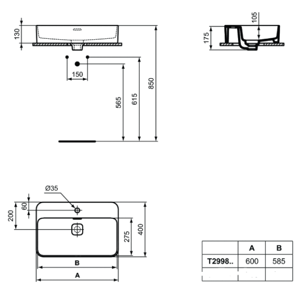 STRADA II Umývadlo na dosku 60x40 cm, T2998