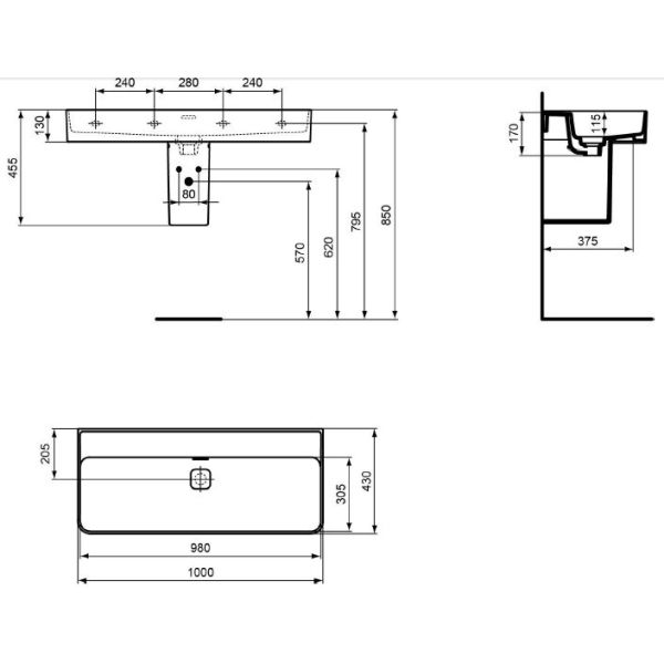 STRADA II Umývadlo 100x43 cm bez otvoru pre batériu, T364001