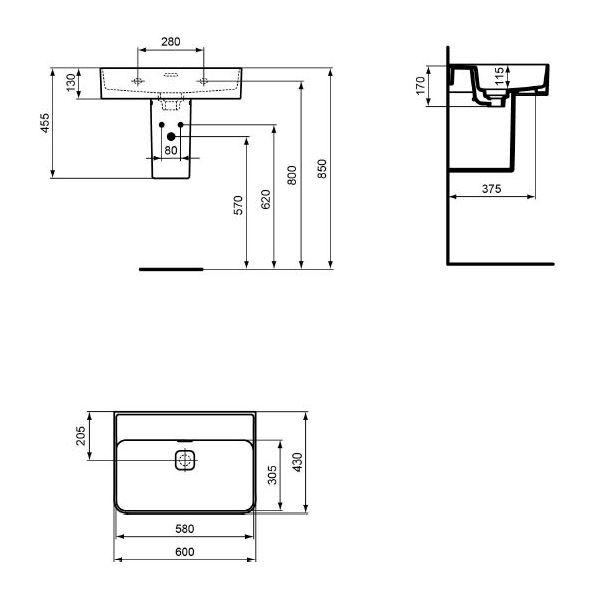 STRADA II Umývadlo 60x43 cm bez otvoru pre batériu a s brúsenou spodnou hranou, T365001