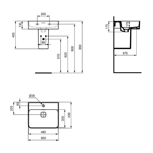 STRADA II Umývadlo 50x43 cm s 1 otvorom pre batériu a  s brúsenou spodnou hranou, T364301