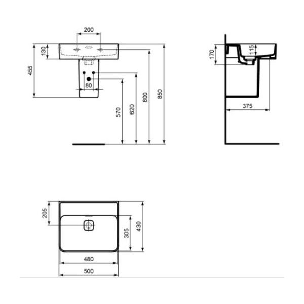 STRADA II Umývadlo 50x43 cm bez otvoru pre batériu a s brúsenou spodnou hranou, T364901