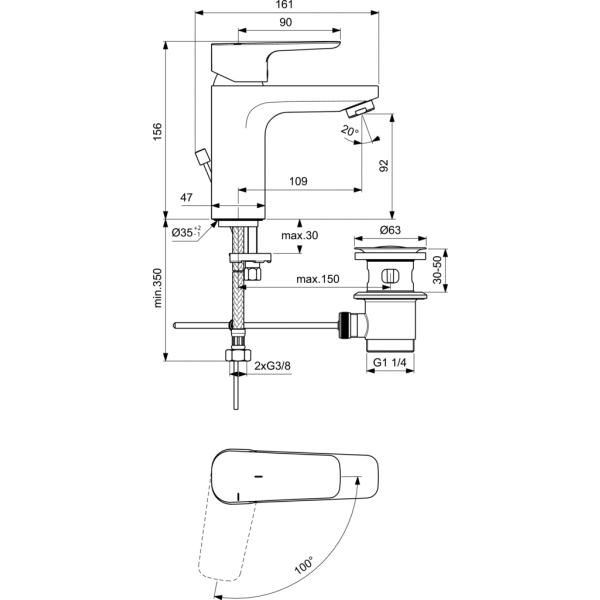 CERAPLAN III SLIM Umývadlová batéria Bluestart s odpadovou garnitúrou a flexibilnými hadicami, 5 l/min, BC570AA